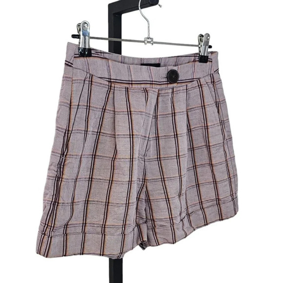 Frank & Oak Womens Plaid Linen Blend Button Front Shorts Size 0 Purple High Rise - Picture 4 of 8